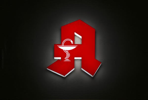 Night shot, logo, red neon sign, pharmacy sign with Aesculapian stick, Aesculapian stick, Stuttgart, Baden-Württemberg, Germany