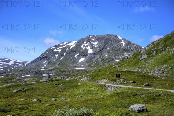 Geiranger, Møre og Romsdal province, Norway, rocky mountain landscape with green fields and blue sky