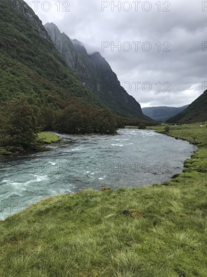 Byrkjelo, Vestland, Norway, river flows through a valley surrounded by green meadows and thick forests, A calm river flowing through a green, mountainous landscape under cloudy skies