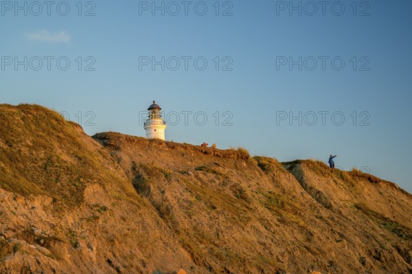 Hirtshals, Nordjylland region, Denmark, Hirtshals lighthouse stands on cliff in warm evening light