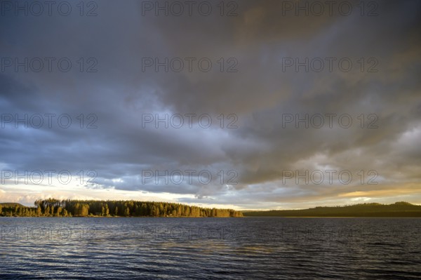 Evening over a lake with dark clouds and sun-drenched forest, Jämtland län, Sweden