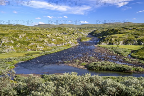 Vøringsfoss, Vestland, Norway, A wide river flows through a hilly, wild landscape under a blue sky in Hardangervidda