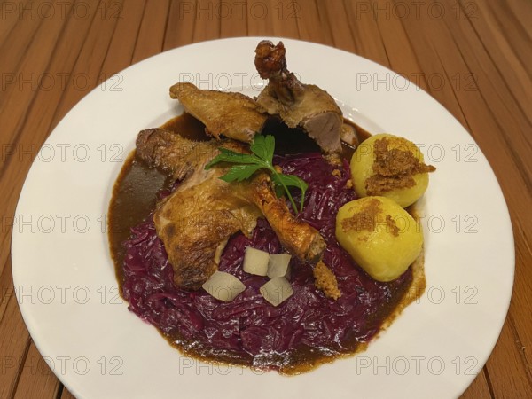 Half duck, red apple cabbage, dumplings, pear, on plate, food, Stuttgart, Baden-Württemberg, Germany