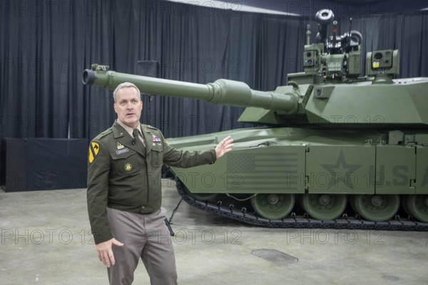 Detroit, Michigan USA - 15 January 2026 - The U.S. Army unveils the M1E3 Abrams tank early prototype during the Detroit Auto Show. General Troy Denomy speaks about the development of the tank
