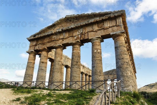 Elymian Doric Temple, Ruin, Doric Frieze, Triglyph and Metope, Ancient City of Segesta, Archaeological Site on Monte Barbaro, Calatafimi, Trapani Province, Northwest, Sicily, Southern Italy, Italy