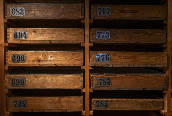 Old wooden cabinet with numbered drawers for storing match labels, Tändsticksmuseet matchstick museum or match museum, Jönköping, Jönköpings län, Sweden