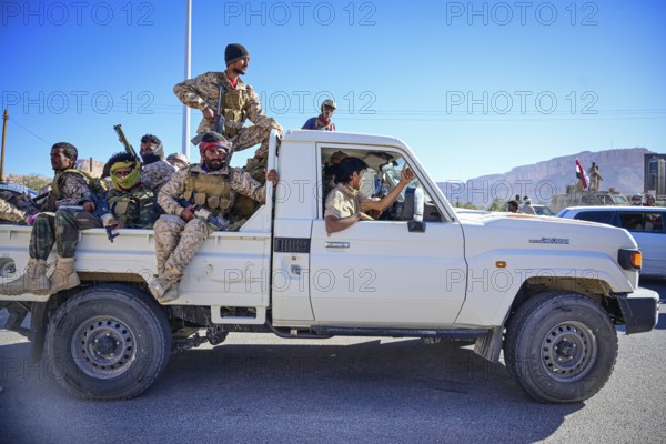 In Seiyun, Yemen on January 04, 2026, soldiers of the Yemeni Armed Forces take full control of the city following the withdrawal of the UAE-backed Southern Transitional Council (STC) forces. The military deployment comes after a series of strikes by the Royal Saudi Air Force against STC positions, marking a significant shift in the conflict within the Hadramaut region, Hadhramaut, Seiyun, Yemen