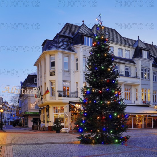 Christmas tree on the Altmarkt at dusk, Altstadt, Moers, Ruhr area, North Rhine-Westphalia, Germany