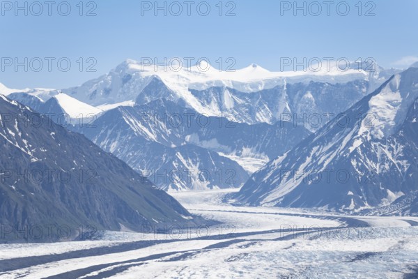 View of impressive mountain landscape with Matanuska glacier and glaciated mountain peaks, Lion's Head, Chugach Mountains, Alaska, USA