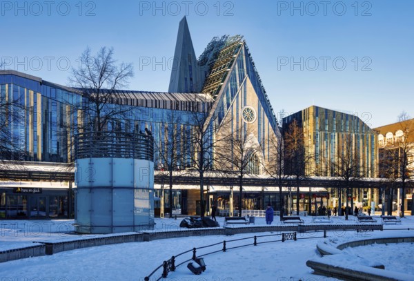 University of Leipzig, lecture hall building and Paulinum on Augustusplatz in winter with snow, Leipzig, Saxony, Germany