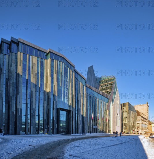 University of Leipzig, lecture hall building and Paulinum on Augustusplatz in winter with snow, Leipzig, Saxony, Germany
