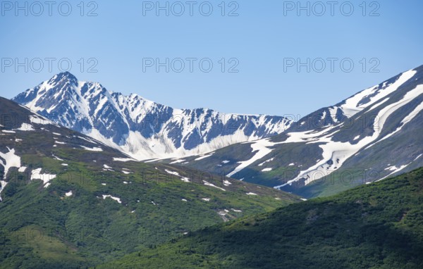 Mountain peak with snow, Alaska Range, Richardson Highway, Alaska, USA