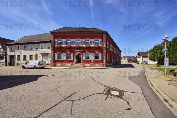 Grafenhausen Town Hall, façade with windows, shutters and cellar hatches, stairway, flower boxes, commercial buildings, general architecture, streets, blue sky, cloudless, confluence of main street in Kirchstraße, Grafenhausen district, Kappel-Grafenhausen, Black Forest, Ortenaukreis, Baden-Württemberg, Germany