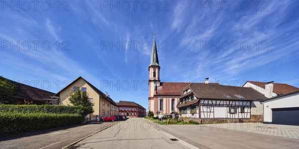 St. James church, church tower, Grafenhausen town hall, residential building, commercial building, general architecture, street, parking boxes with cars, trees, hedge, meadow, blue sky, cirrus clouds, Kirchstraße, Grafenhausen district, Kappel-Grafenhausen, Black Forest, Ortenaukreis, Baden-Württemberg, Germany