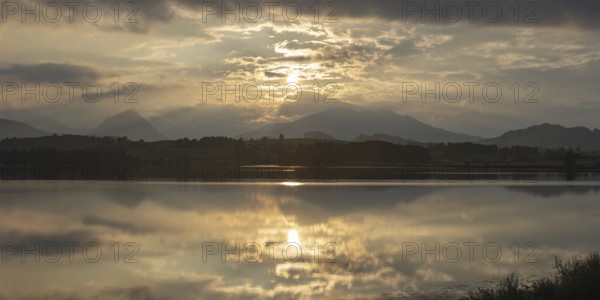 Sunset panorama, Hopfensee, Hopfen am See, near Füssen, Ostallgäu, Allgäu, Bavaria, Germany