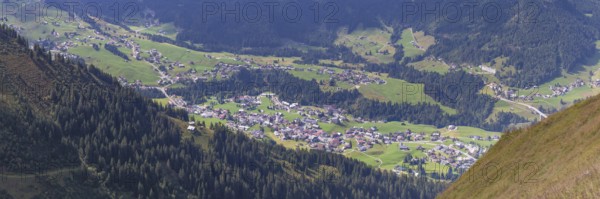 Panorama from the Fellhorn mountain trail, 2037 m, to Söllereck, 1706 m, to Mittelberg in Kleinwalsertal, Allgäu, Vorarlberg, Austria