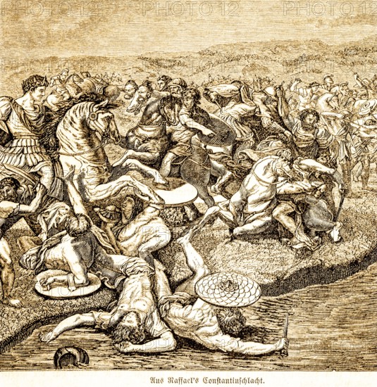 Detail from the victorious battle of Constantine, after Raphael (1483-1520) Raffaello Sanzio da Urbino, Italian painter, Emperor Constantine defeats Marentius near Rome, Roman emperor, army, war, horsemen, shields, knives, Italy, historical illustration 1869