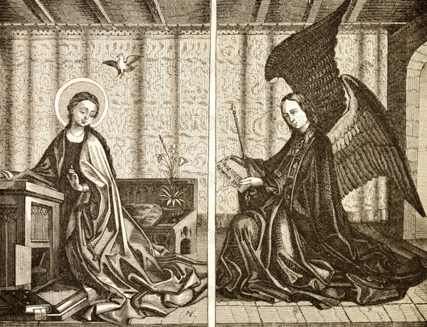 Outer wings of the altar of the city patron or Epiphany altar or Cologne cathedral image, Cologne Cathedral, the outer wings of the cathedral image, Cologne, Germany, saints, wings, book, reading, interior, historical illustration 1869