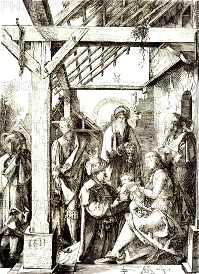 The Magi give presents to the Christ Child, sage from the East, based on a woodcut by Albrecht Dürer, religion, the birth of Christ, Jerusalem, stable, crib, star, Mary, Joseph, historical illustration 1869