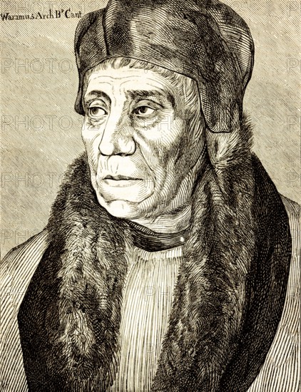 Bust portrait of Archbishop William Warham of Cantabury (1450-1532), by Hans Holbein the Younger, portrait, elderly churchman, serious look, cap, fur, historical illustration 1869