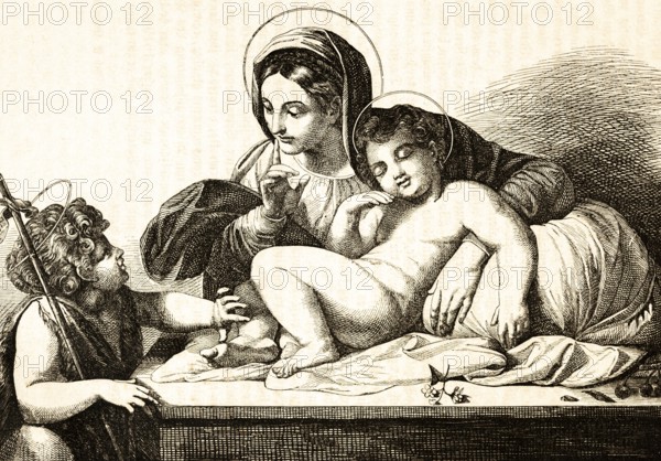 The Madonna of Silence, after Annibale Caracci (1560-1609) Italian painter, saint, children, nudity, talking, raised forefinger, admonition, table, portrait, historical illustration 1869