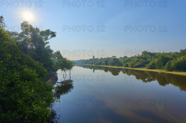 Bright sunshine over a quiet river and bright sky surrounded by trees, Fazenda Barranco Alto, Rio Negro, Pantanal, Mato Grosso, Brazil