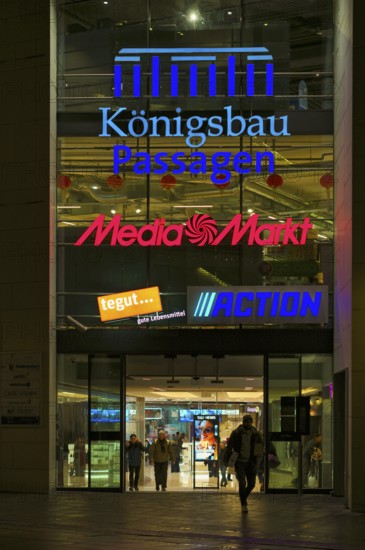 Night view, logo media market, Tegut, action, entrance Königsbau Passagen, shopping center, Stuttgart, Baden-Württemberg, Germany