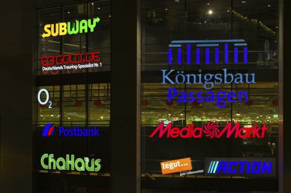 Night view, neon lighting, logo media market, Tegut, action, Subway, Postbank, ChaHaus, 123gold.de, Königsbau Passagen, shopping center, Stuttgart, Baden-Württemberg, Germany