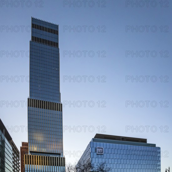 Detroit, Michigan - General Motors' new headquarters (right) in the Hudson's Detroit development. The taller building, still under construction, will house a luxury hotel and condominiums