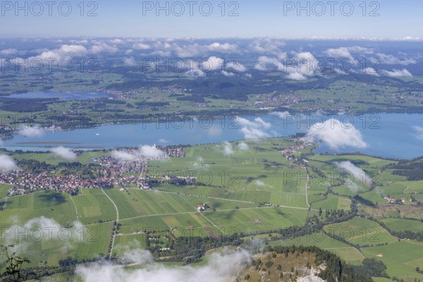 Panorama from Tegelberg, 1881m, on Schwangau, Waltenhofen, Forggensee and Hopfensee, Füssener Land, Ostallgäu, Bavaria, Germany