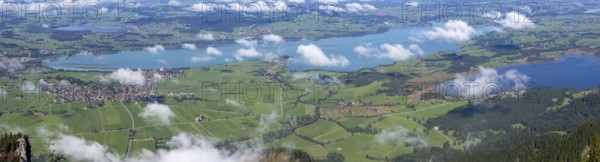 Panorama from Tegelberg, 1881m, on Schwangau, Waltenhofen, Forggensee, Hopfensee and Bannwaldsee, Füssener Land, Ostallgäu, Bavaria, Germany
