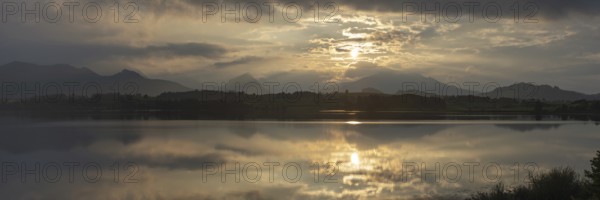 Sunset panorama, Hopfensee, Hopfen am See, near Füssen, Ostallgäu, Allgäu, Bavaria, Germany