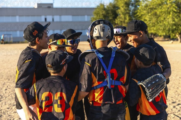 Young baseball players huddling closely together, celebrating and showing strong team spirit before or during a game, demonstrating unity and shared excitement on the field