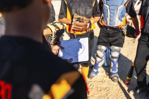 Coach holding clipboard with baseball field diagram, explaining plays and strategy to youth team and catcher during outdoor practice, teaching teamwork, focus and preparation