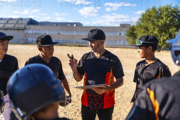 Baseball coach in a uniform and cap holding a clipboard, explaining strategy to a group of diverse youth players during a training session on a sunny field
