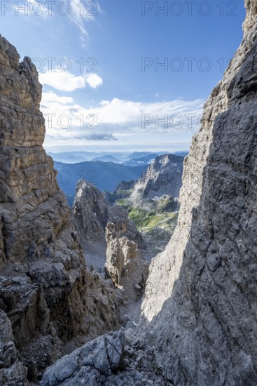 View of mountains from the Bocca degli Armi Bridge, Via Ferrata Bocciere Centrale, Brenta Mountains, Brenta-Adamello Natural Park, Trentino, Italy