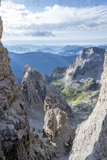 View of mountains from the Bocca degli Armi ridge, access to the Via Ferrata Bocciere Centrale via ferrata, Brenta Mountains, Parco Naturale Brenta-Adamello, Trentino, Italy