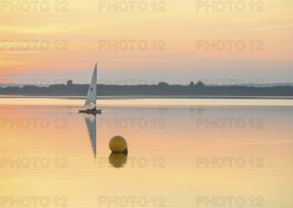 Sailing boat glides on quiet Dümmer Lake with a yellow buoy at sunset, Dümmer nature park Park, Lower Saxony, Germany
