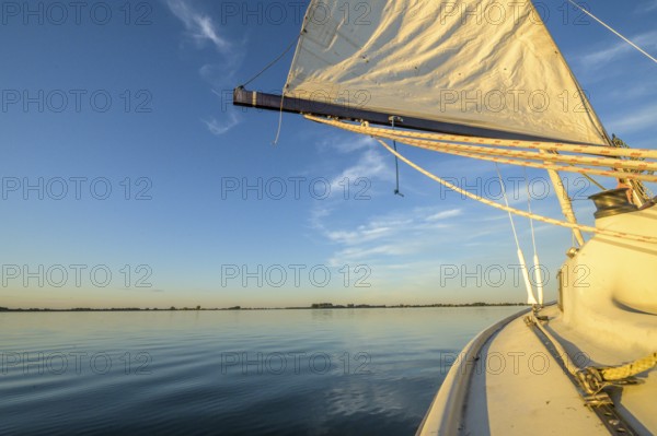 Sailing boat dinghy cruiser on calm Dümmer See, wide horizon, clear blue sky tint, Dümmer nature park Park, Lower Saxony, Germany