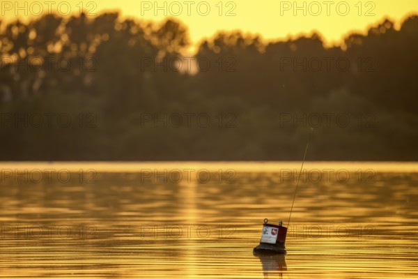 A measuring buoy of the NWLKN (Lower Saxony Water Management, Coastal Defence and nature park Conservation Agency) for determining the water quality of Lake Dümmer floats in the golden light of a sunset on a lake, Dümmer Nature Park, Lower Saxony, Germany