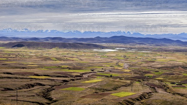 Extensive fields with mountains on the horizon and cloudy sky, the Altiplano landscape in the Andes of Bolivia