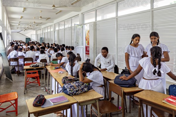 Students in uniforms sit in a bright classroom, some talk while others study, young people in a school in Colombo in Sri Lanka