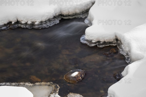 Ilsenburg, Saxony-Anhalt, Germany, Small frozen river Ilse in the Harz National Park on the Heinrich-Heine trail Ilsetal hiking trail with calm flowing water in winter