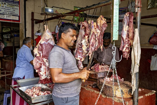 A butcher stands in a traditional meat shop, pieces of meat are on display, bustling atmosphere, butcher shop in the streets of Slave Island in Colombo Sri Lanka