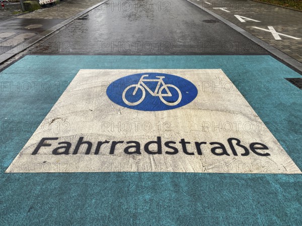 Marking, traffic sign bicycle road, bicycle road, logo, on asphalt of a rain-wet road, Bad Cannstatt district, Stuttgart, Baden-Württemberg, Germany