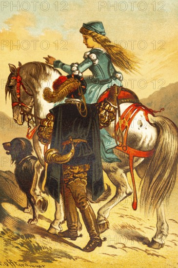 Elegant young woman riding, fairy tale picture, literary genre, valuable bridle, companion, elegant clothing, hat feather, horn, boots with spurs, horse, dog, colorful historical illustration 1888