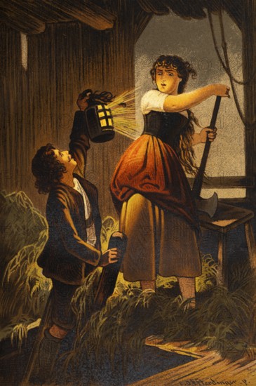 Surprising visit to the hayloft, young woman 16-20 years old, young man 16-20 years old, lantern, light rays, ladder, axe, work, face, horror, wooden bench, fear, color historical illustration 1888