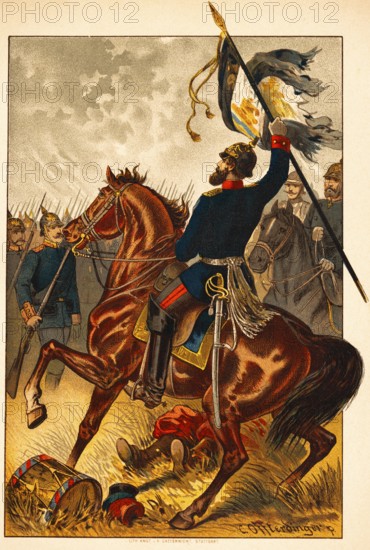 The hero of Weissenburg, battle of 1870, Franco-Prussian War, soldiers, horsemen, flag, drum, rifles, sword, color historical illustration 1888