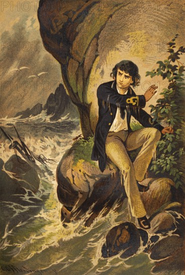 Young man stranded on deserted island, fairy tale picture, storm, sea, high swell, shipwreck, sinking, distress at sea, sailing ship, stranded, rock, sad look, loneliness, loss, rescue, drenched, colorful historical illustration 1888