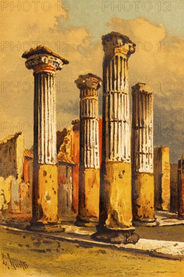 Pompeii or Pompeii, house of colored column capitals, wide column head, Roman building style, color historical illustration 1888